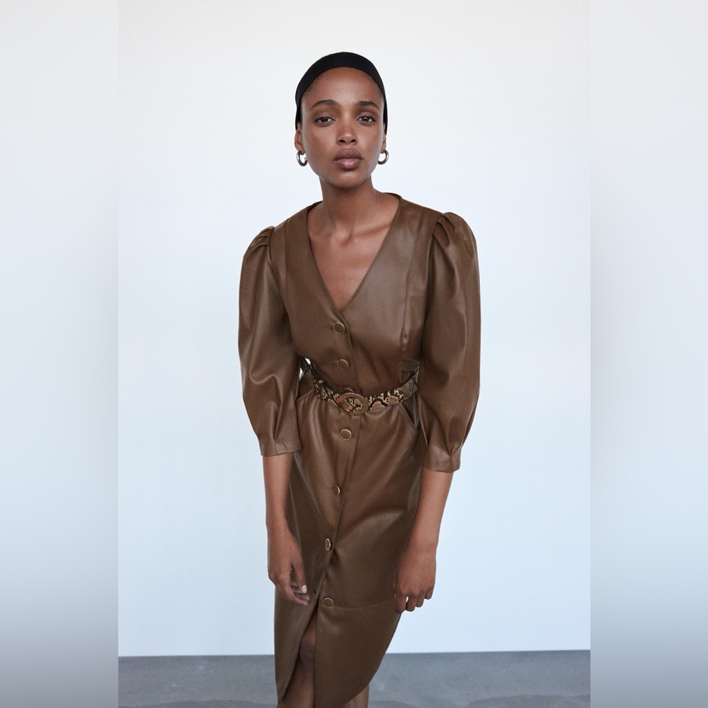 Chocolate Brown Faux Leather Button Dress/ Coat Softest Feel Slight Puff Sleeves